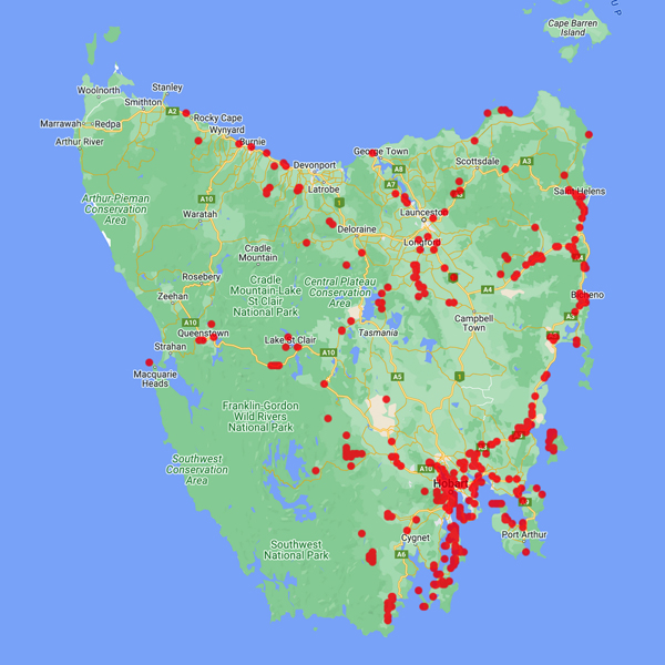 collecting locality map for Tas. 'Towrow, J.E.S.'